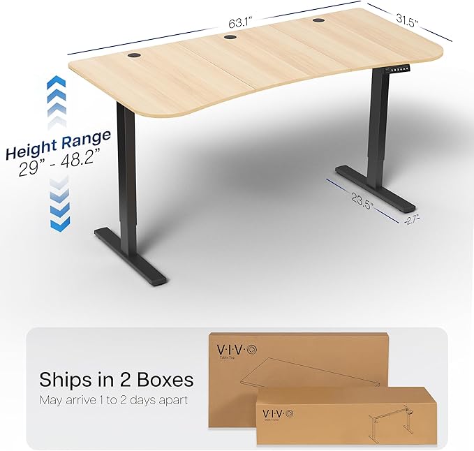 VIVO Electric 63 x 32 in Standing Desk, Memory Height Adjustment, 1B Series, Holds 220 lbs, Light Wood Top Black Frame, DESK-KIT-1B1C