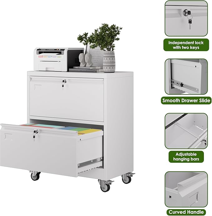 METAN Upgrade 2 Drawers Lateral File Cabinet on Wheels,Steel Office Filing Storage Cabinet with 2 Locks,White,Assembly Required
