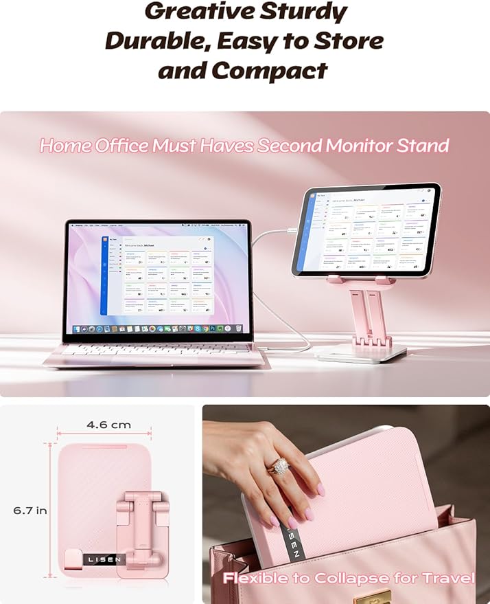 LISEN Pink Desk Accessories for iPad Office Supplies Desk Decor for Women, for Him Tablet Stand Vanity Accessories Video Zomming Face Time Free Hands for ipad Switch