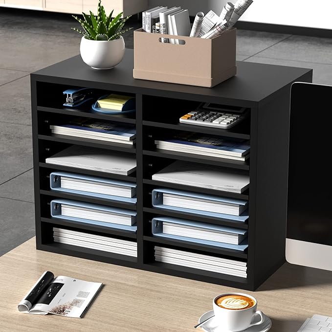 VEVOR Literature Organizers, 12 Compartments Office Mailbox with Adjustable Shelves，Wood Literature sorter 20.4x12x16.1 inches for Office, Home, Classroom, Mailrooms Organization, EPA Certified Black