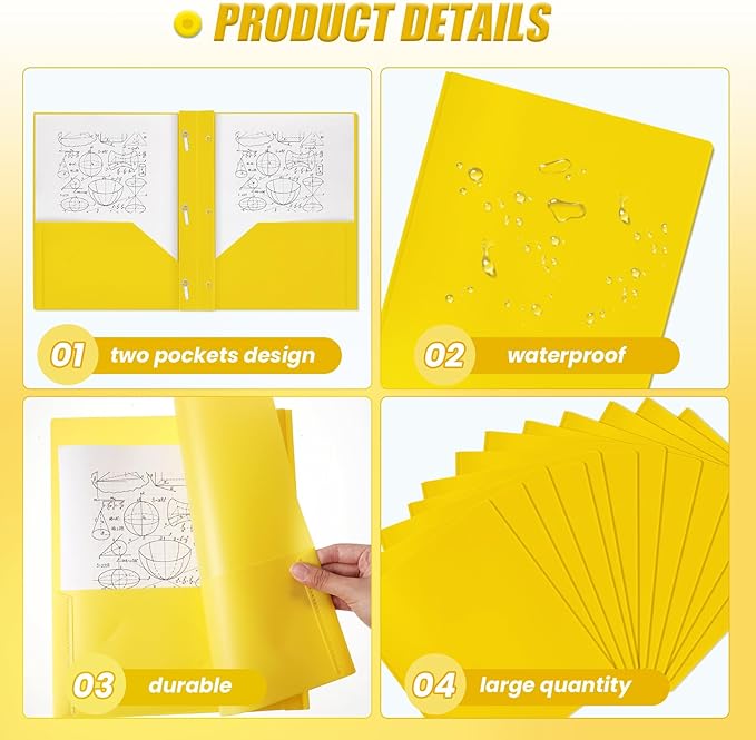 Lincia 100 Pcs Plastic Folders with Pockets and Prong Folders with Prongs 2 Pockets for Office, School for Students, Teachers, Office Workers(Yellow)