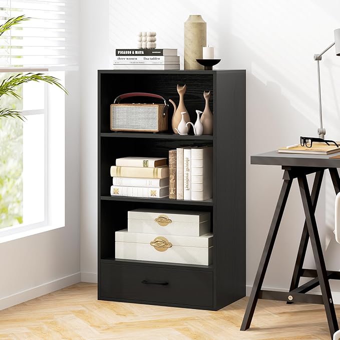 LOKO 4-Tier Bookcase with Storage Drawer, Modern Organizer Display Storage Shelves with Anti-toppling Device, Freestanding Bookshelf with 3 Open Shelves & 1 Drawer, Living Room, Study, Office (Black)