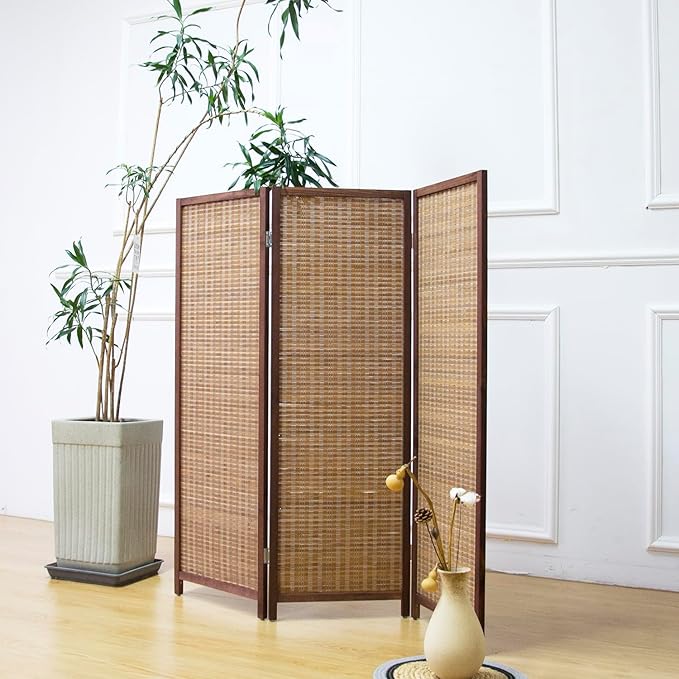 Furnnylane 3 Panel Short Room Divider Screen,Brown Freestanding Partition,Small Bamboo Panel Divider for Room Seperation,3.95 FT Tall