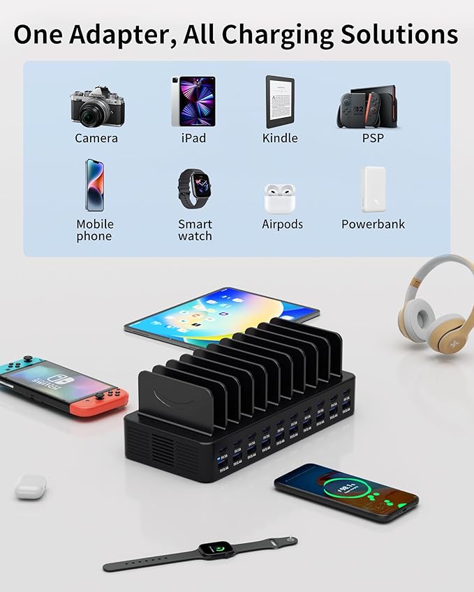 270W Charging Station for Multiple Devices, 20-Port USB Fast Charging Station with Adjustable Dividers & 10 Cables, Multi Device Organizer Charging Dock for iPhone, iPad, Tablets & More