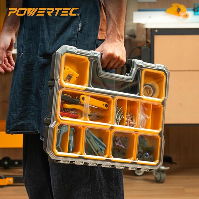 POWERTEC Small Parts Organizer & Tool Box – 20 Compartments, IP65 Water & Dust Protection, Stackable Storage with Interlocking Latch, Removable Bin, Divider, Clear Lid, Portable Design, 2PK (72366-P2)