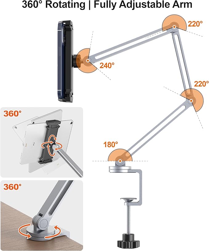 YICOSUN Tablet Arm Mount with Super Grip, Adjustable Foldable Holder & Heavy Duty Aluminum 360° Rotating Clamp for iPad, Phone, Monitor, Kindle - Universal for Desk, Bed, Kitchen - Silver