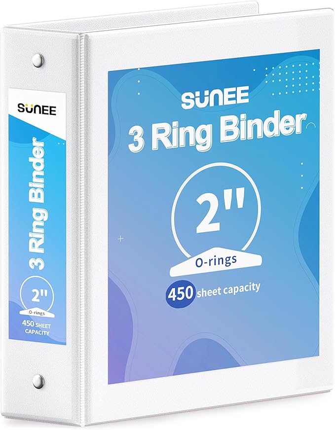 SUNEE 3 Ring Binder 2 Inch 1 Pack, Clear View Binder Three Ring PVC-Free (Fit 8.5x11 Inches) for School or Office Supplies, White