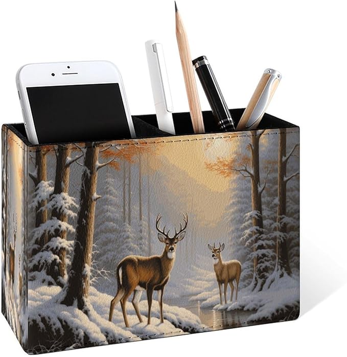 Famame Winter Wild Deer Snow Trees Pencil Holder for Desk, Leather Desktop Container Pen Cup Storage Study Table Pen Organizer Makeup Brush Holder for Classroom Office Home