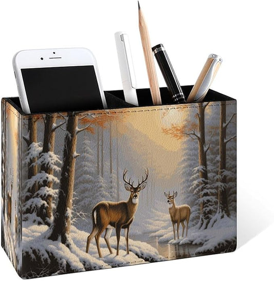 Famame Winter Wild Deer Snow Trees Pencil Holder for Desk, Leather Desktop Container Pen Cup Storage Study Table Pen Organizer Makeup Brush Holder for Classroom Office Home