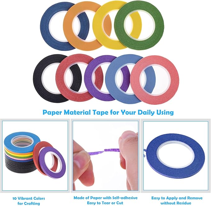 cridoz 15 Rolls Thin 1/8 Inch (3mm) Whiteboard Tape, Low-Tack Paper Pinstripe Art Grid Lines Tape for Dry Erase Boards, Crafts & Delicate Surfaces - Assorted Colors