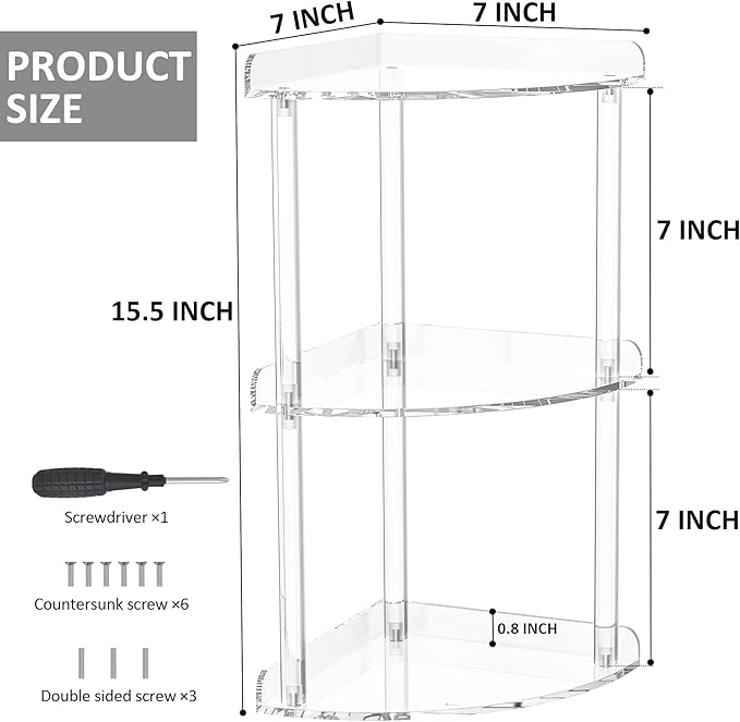 Sezanrpt 3 Tier Countertop Corner Organizer Shelf 7x7x15.7 Inch, Countertop Acrylic Bathroom Corner Shelf, Clear Vanity Storage Organizer for Cosmetics, Toiletries