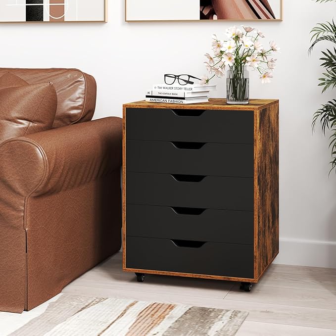 Giantex 5-Drawer Storage Cabinet with Drawers, Wheels, Rolling Lateral Filing Under Desk, Chest, 19.5" x 16" x 25.5" Office Mobile File Cabinet for Living Room, Study
