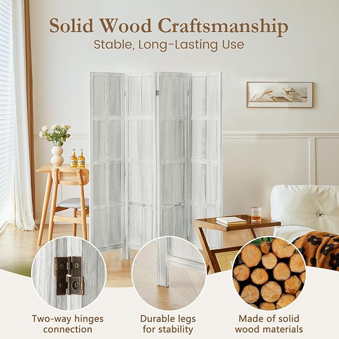 ALeesing 4 Panel Room Divider, 5.6Ft Wood Room Dividers and Folding Privacy Screens, Room Divider Wall Freestanding Room Partitions, Room Dividers Screen for Home Office Bedroom, White