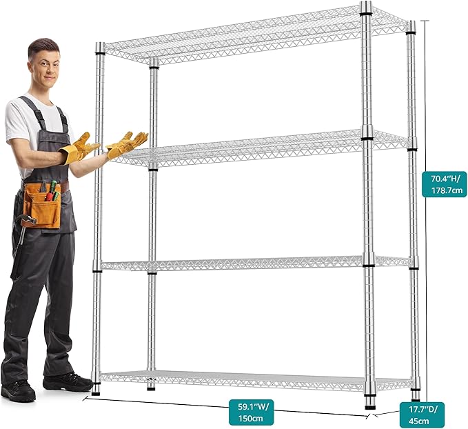 M MZG 4 Tiers Shelf 2640 lbs Steel Storage Shelving Utility Shelving Unit Steel Organizer Wire Rack for Home,Kitchen,Office,Garage Chrome 17.7" D x 47.2" W x 70.3" H