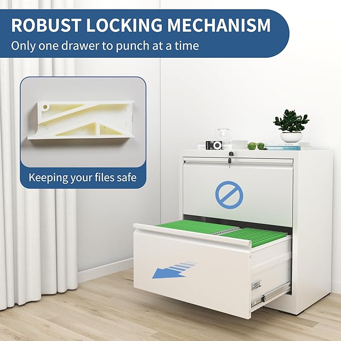 FLIXELIO 2 Drawer File Cabinet with Lock, White Metal Lateral Filing Cabinets for Home Office, Heavy Duty Steel Horizontal Locking Storage Cabinet for Legal/Letter/A4 Size File, Assembly Required