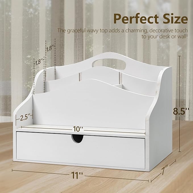 Rebee Vision Pine Wood Mail Organizer for Desk - Charming Farmhouse Countertop Mail Sorter for Office & Home Decor - Wooden Desk Organizer with Drawer for Letters, Files & Magazines(White)