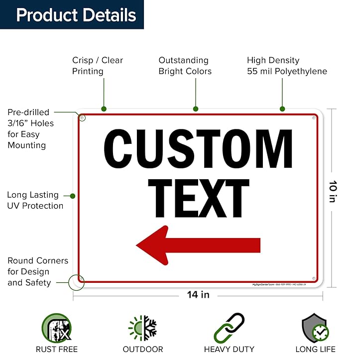 Custom Arrow,Custom Directional Sign, Left Arrow,10x14 Inches, 55 mil thick HDPE (high density polyethylene), Made in USA by My Sign Center