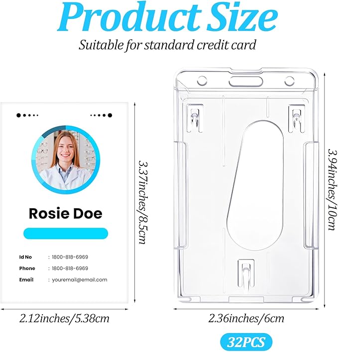 32 Pack Vertical 2-Card ID Badge Holde, Heavy Duty Plastic Badge Holders with Thumb Slot, Clear Protector Cover for Credit Cards, IDs, Licenses and Passes