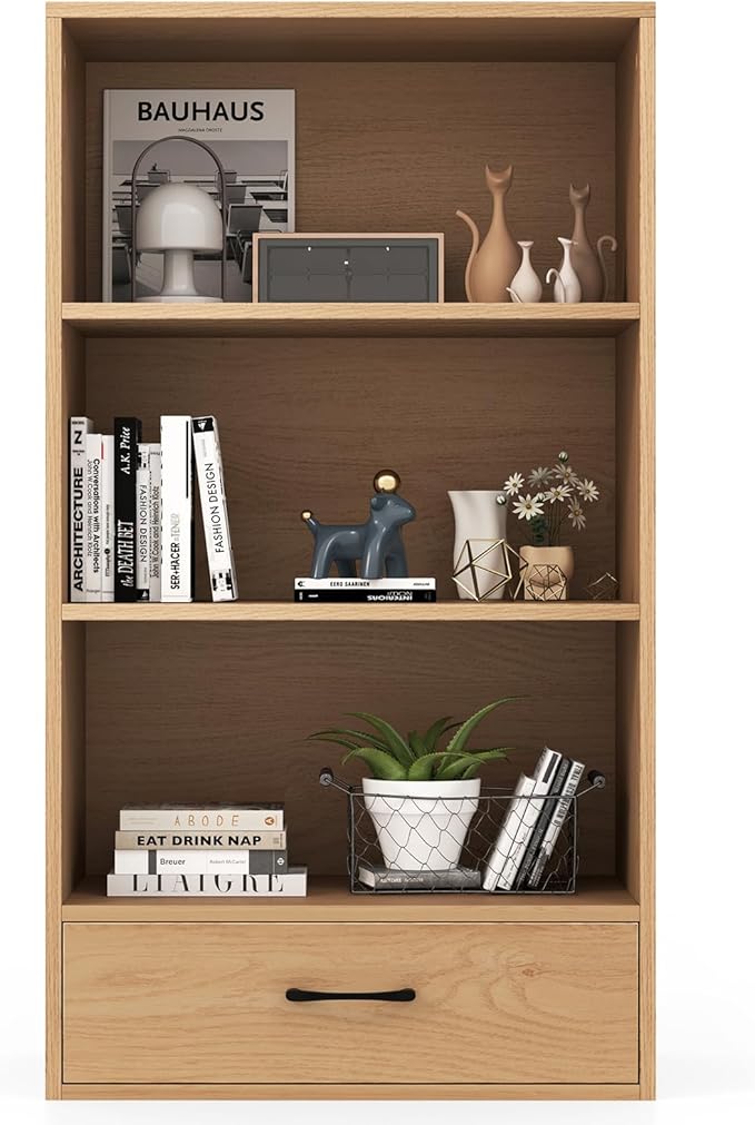 LOKO 4-Tier Bookcase with Storage Drawer, Modern Organizer Display Storage Shelves with Anti-toppling Device, Freestanding Bookshelf w/ 3 Open Shelves & 1 Drawer, Living Room, Study, Office (Natural)