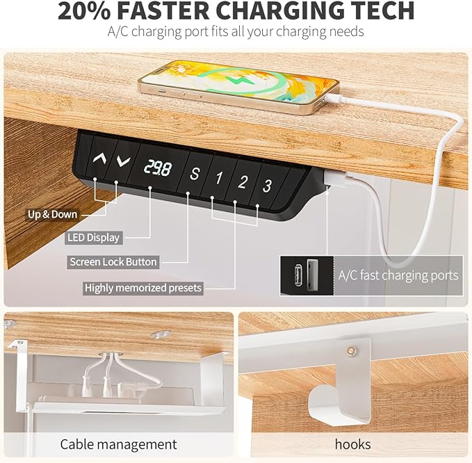 Kingant 55 x 30 Inch Electric Standing Desk with 4 Drawers, Adjustable Height Computer Desk for Home Office, Large Workstation Sit Stand Up Desk with Built-in USB A/C Charging Ports, Nature