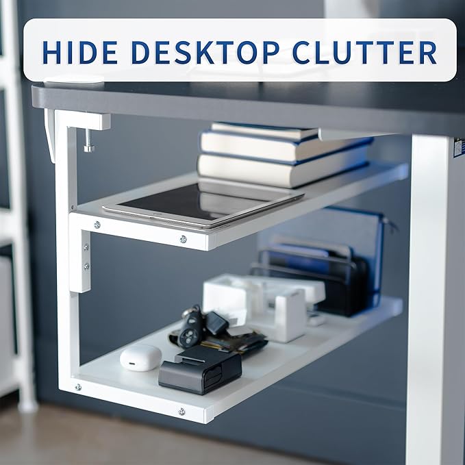 VIVO Clamp-on 24 inch Above or Below Desk 2-Tier Shelving Unit for Table Accessories, Gaming Devices, and More, Storage Tray, Desktop Organizer, White, STAND-SHELF24C-W