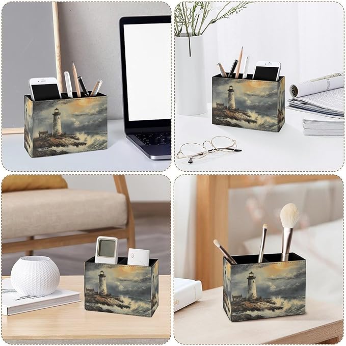 Famame Lighthouse Vintage Sea Pencil Holder for Desk, Leather Desktop Container Pen Cup Storage Study Table Pen Organizer Makeup Brush Holder for Classroom Office Home