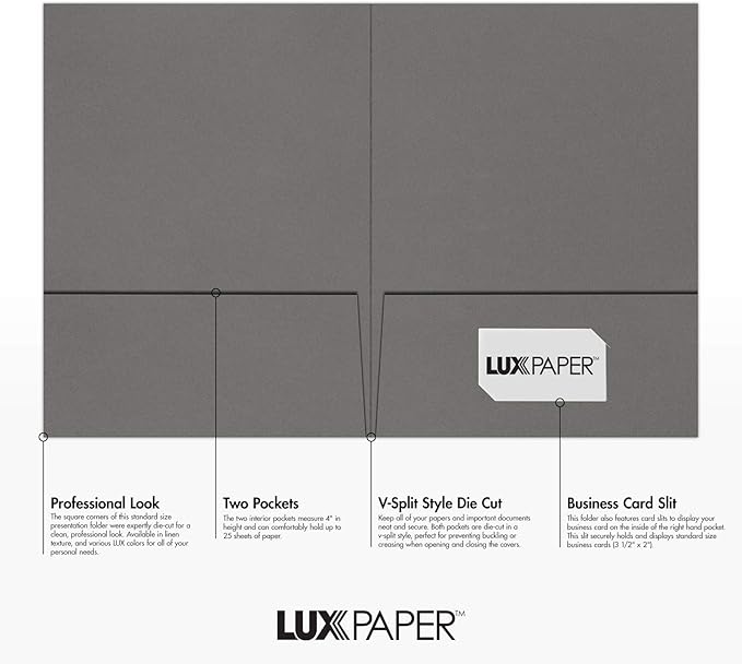 LUXPaper 9" x 12" Presentation Folders | Two Pocket | Smoke Gray | 100lb. Cover | 10 Qty