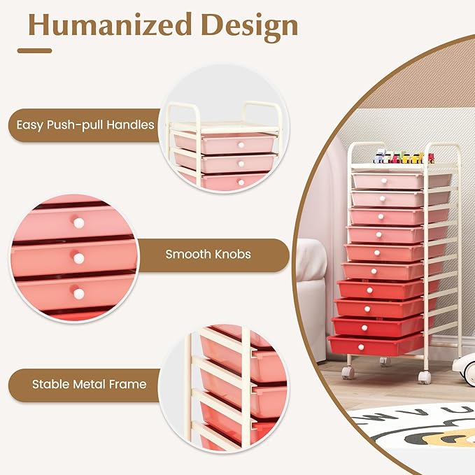 GLACER 10 Drawers Rolling Cart, Storage Cart with w/Removable Drawers & Steel Frame, Utility Mobile Trolley w/Universal Casters & 2 Brakes, Organizer Cart for Home, School, Office (Gradient Pink)