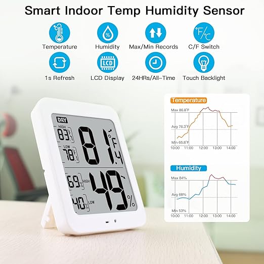 TXL Large Digital Hygrometer Indoor Thermometer with Humidity Gauge, Smart Room Temperature Humidity Sensor Monitor with Touch LCD Backlight for Home Office Warehouse Greenhouse Garden Wine Cellar
