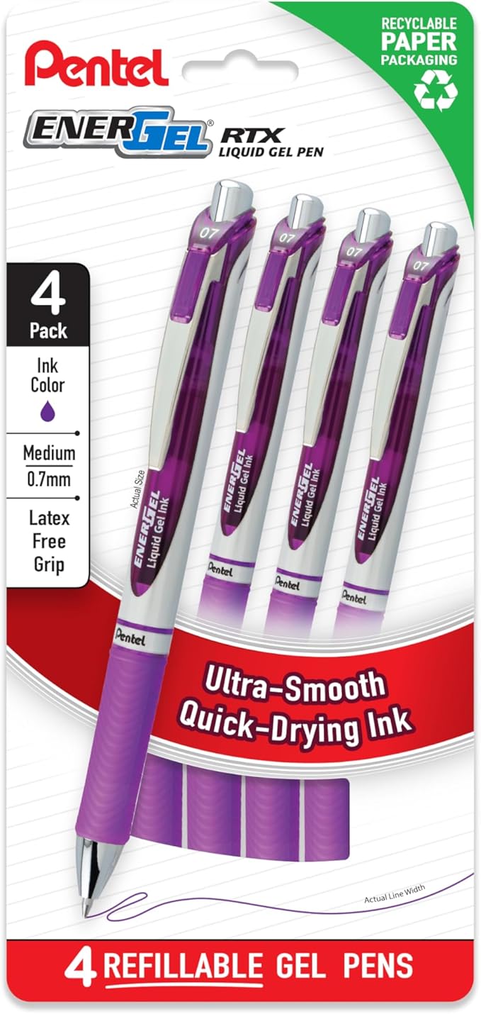 Pentel EnerGel RTX Liquid Gel Pens, Medium (0.7mm), Violet, 4-pk (BL77PF4V)