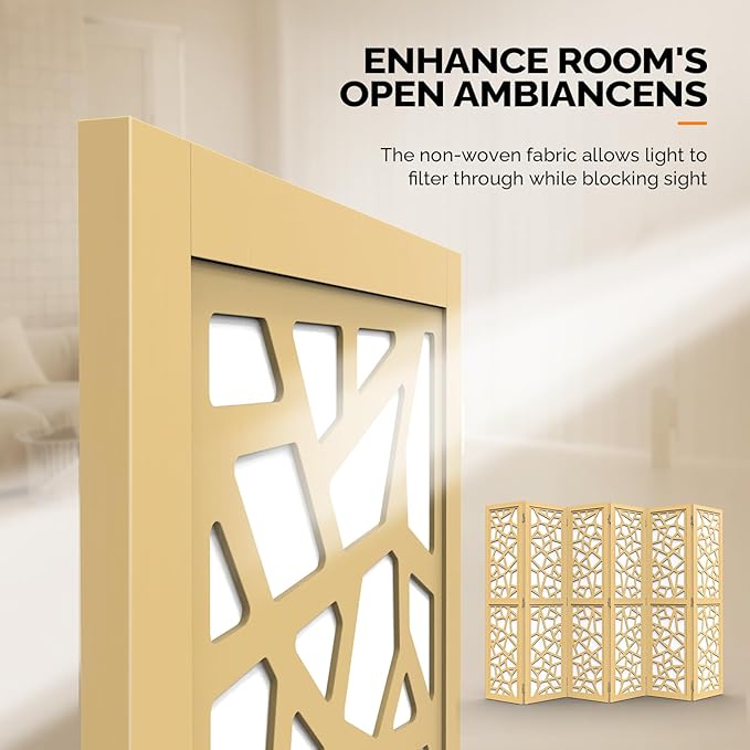 VINGLI 70'' H Room Divider, Non-Woven Fabric Privacy Screen, Indoor Partition Wall Dividers, Freestanding Hinged Space Separator with Modern Unique Pattern (Gold, 6 Panel)