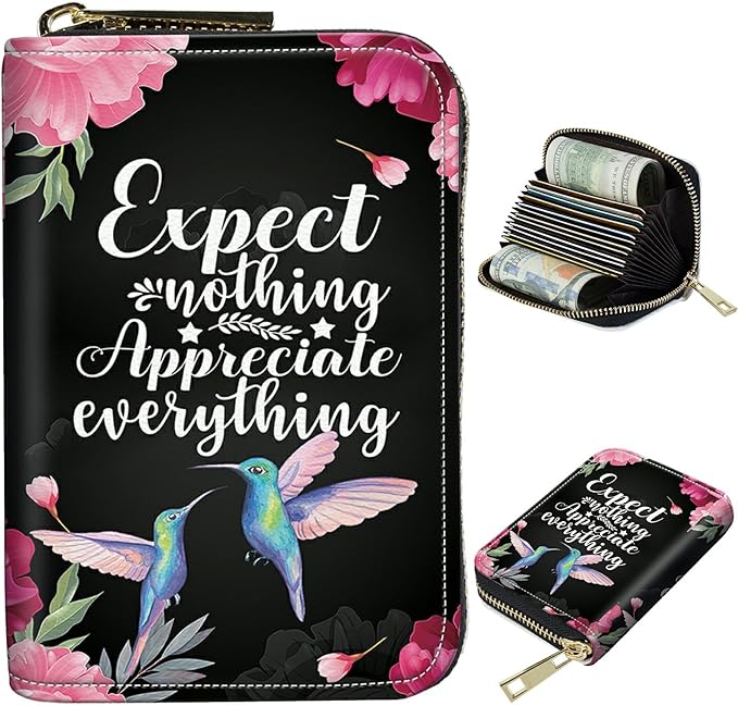 BWEGRHE Cute Credit Card Holder with Zipper, Humingbird Flower RFID-Blocking Card Case Small Wallet for Women Men, Multi-slot Card Organizer Case Travel Accordion Wallet