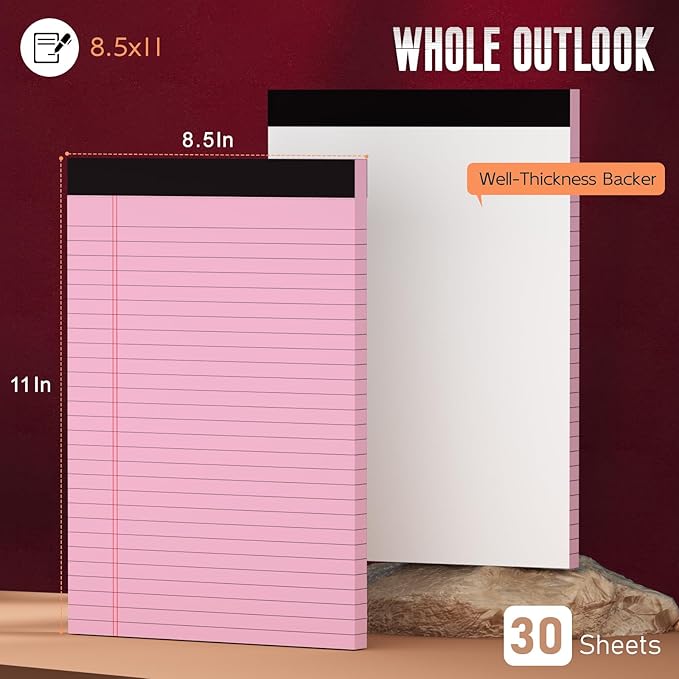 Roneky Pink Legal Pads 8.5 x 11 Wide Ruled Notepads, 3 Pack Note Pads 8.5 x 11 Lined Paper Pink Writing Pads 30 Sheets per Notepad Double-Side Printed Colored Legal Pads for Home, Office, School