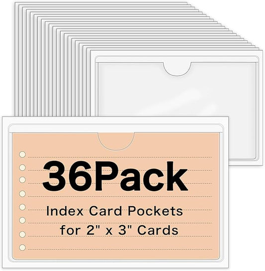 36 Pack 2" x 3" Index Card Holder Adhesive Plastic Label Holders Clear Tote Bag Labels Stickers for Organizing Storage Bins Library Card Shelves