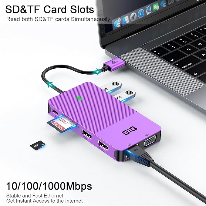 USB Docking Station GIQ USB C HUB USB 3.0 to Dual HDMI VGA Adapter Triple Display USB C Laptop Docking Station Dual Monitor HDMI Splitter Extender Compatible with MacBook M1 M2 USB Dock-Purple