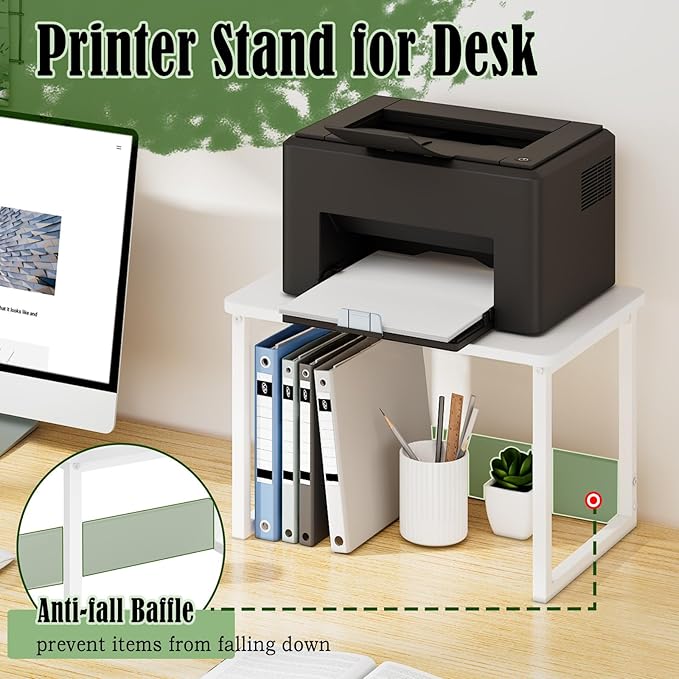 MARTY Printer Stand with Storage for Desk, Desktop Printer Stand Shelf Organzier for Home/Office Heavy Duty Printer Riser Under Desk Small Printer Table for Fax Machine Copier Scanner(White)