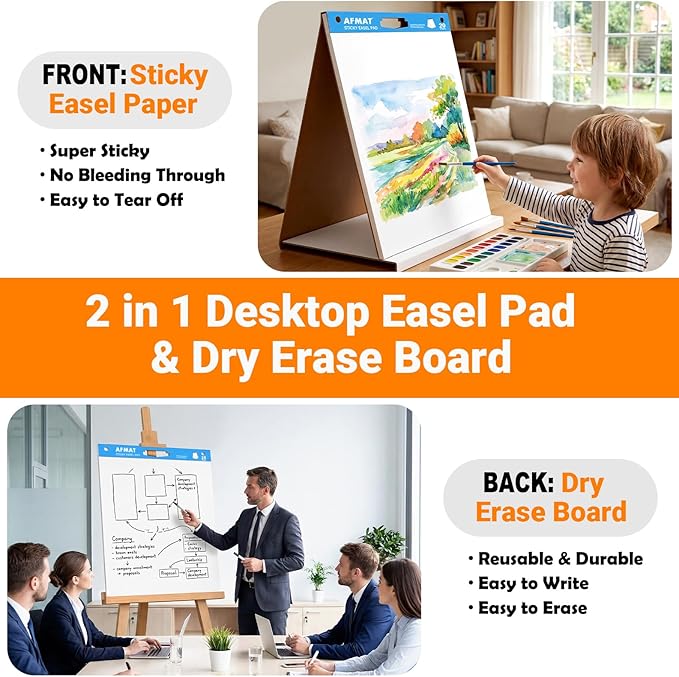 AFMAT Tabletop Sticky Easel Pad & Dry Erase Board 2 in 1, 20 x 23 in Portable Easel Stands for Teachers, Super Sticky & Bleed-Resistant, Ideal for Meetings/Training/Presentation, 20 Sheets/Pad, 8 Pads