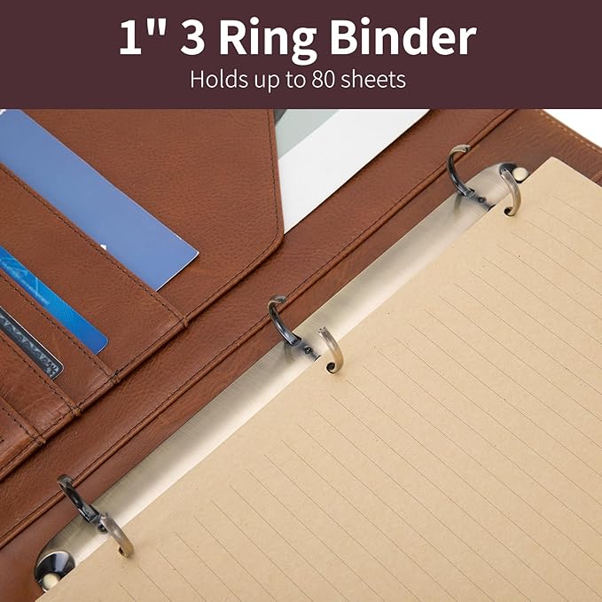 Geslun Personalized Genuine Leather 3 Ring Binder, Custom Engraved 8.5 x 11 Letter Size Folio with Pen Holder, Soft Notebook Portfolio Cover, Notepad Padfolio Organizer for Meeting, Brown, Oil Tanned