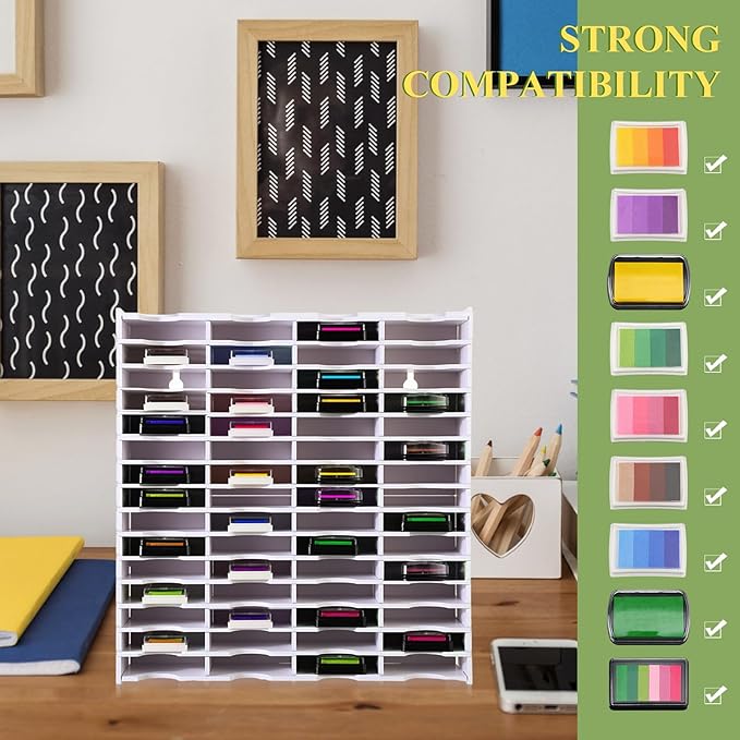 Sunnychicc 1 Pack 60 Grids Ink Pad Storage Holder Stamp Organizer, Ink Pad Stamp Holder Storage Rack for Home Office Crafts School Supplies, White