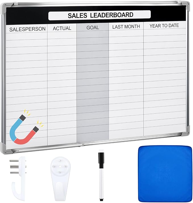 Lincia Sales Leaderboard Dry Erase Whiteboard Magnetic Dry Erase Board with Lines Sliding Marker Tray Aluminum Frame White Board Planner for Wall Sales Performance Recording Tracking Office Supplies