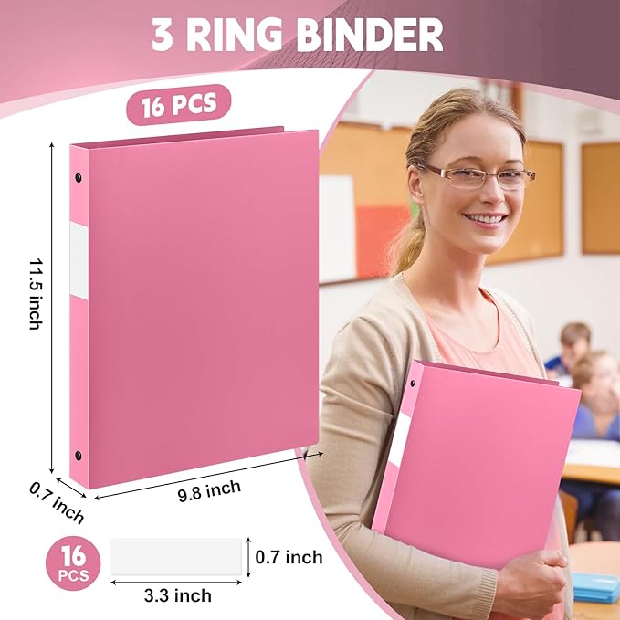 Henoyso 16 Pcs 3 Ring Binder 0.5 Inch Round Fits Letter Size 8.5'' x 11'' Paper Plastic Flexible Binder Bulk Holds 140 Sheets with 1 Pockets Versatile Organizer for Home Office School (Pink)