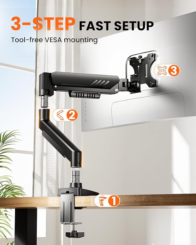 ErGear Single Monitor Arm, Fully Adjustable Monitor Mount for 13–34 Inch Screens, Fast Install Computer Monitor Stand with Tool-Free VESA Mount, Cable Management, Holds 19.8 lbs, Max VESA 100x100mm