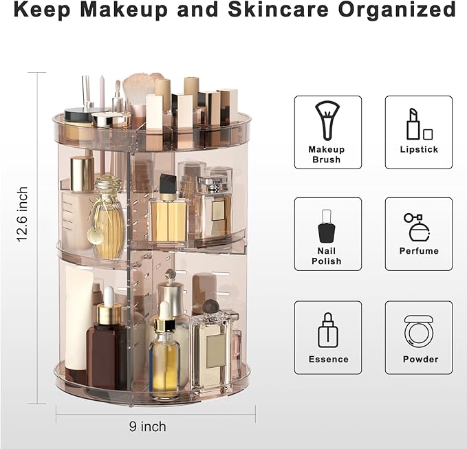 360 Rotating Makeup Organizer with Lipstick Slots, DIY 8 Adjustable Height Spinning Skincare Organizers, Brush and Perfume Storage Carousel, Cosmetic Display Case for Vanity Bathroom Countertop