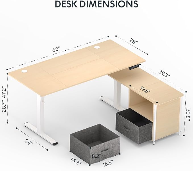 FLEXISPOT 63'' L Shaped Reversible Standing Desk with Drawers and Shelves, Large Corner Stand Up Executive Desk for Home Office, Light Wood Grain Top+ White Frame