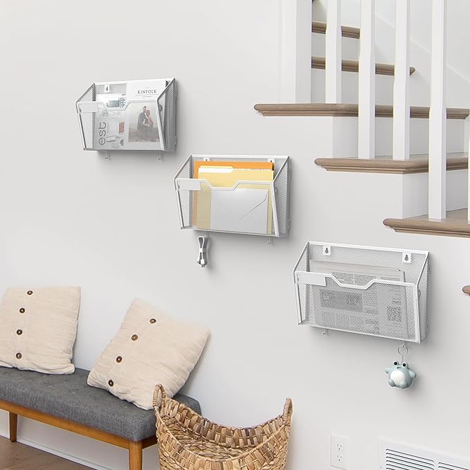 YINGHUA 3 Pack Mesh File Holders Wall Mounted - Durable Metal Hanging Organizer with Hooks - 12.6 Inch Vertical Wall Baskets for Mail Papers Office Home and School Storage - White