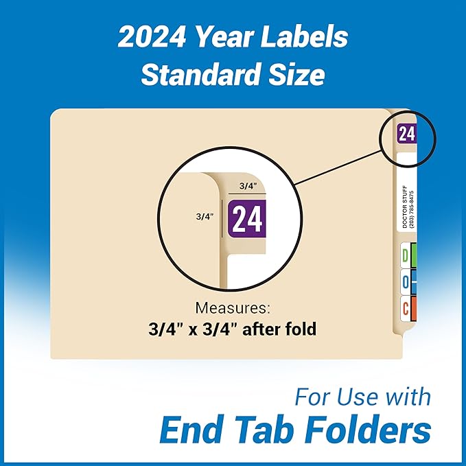 2024 Year Labels, Doctor Stuff 2024 Chart Stickers, Purple Color Coded, S & W/Acme Style, USA Made Year Stickers for End Tab File Folders, 500/Roll, 1 Roll, 3/4" x 1-1/2"
