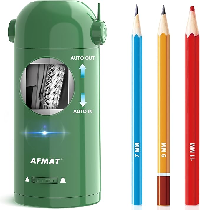 AFMAT Electric Pencil Sharpener, Fully Automatic Pencil Sharpener for Classroom, Robot Sharpeners for 7-11.5mm No.2/Jumbo/Colored Pencils, Auto in & Out, Rechargeable & Cordess, Hands-Free, PSX5,Green