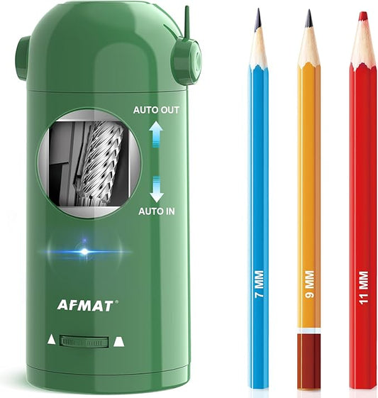 AFMAT Electric Pencil Sharpener, Fully Automatic Pencil Sharpener for Classroom, Robot Sharpeners for 7-11.5mm No.2/Jumbo/Colored Pencils, Auto in & Out, Rechargeable & Cordess, Hands-Free, PSX5,Green