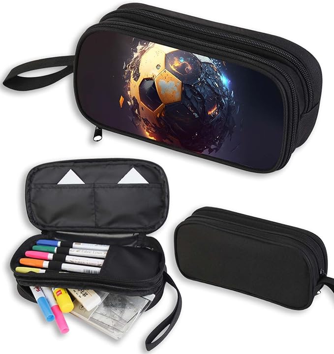 AnySmic Burning Soccer Pencil Case for Boys Girls, Multi-compartment Pencil Pouch for Kids, Big Capacity Pen Case, Polyester, Double Zipper, Back to School Gifts