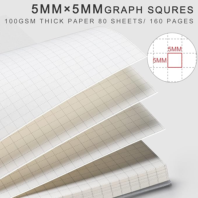 AHGXG A5 Graph Paper Notebook Spiral (3-Pack) Spiral Journal 5.7"x 8.3", Quad Ruled, with Thick 100gsm Square Grid Paper,80 Sheets Per Pack